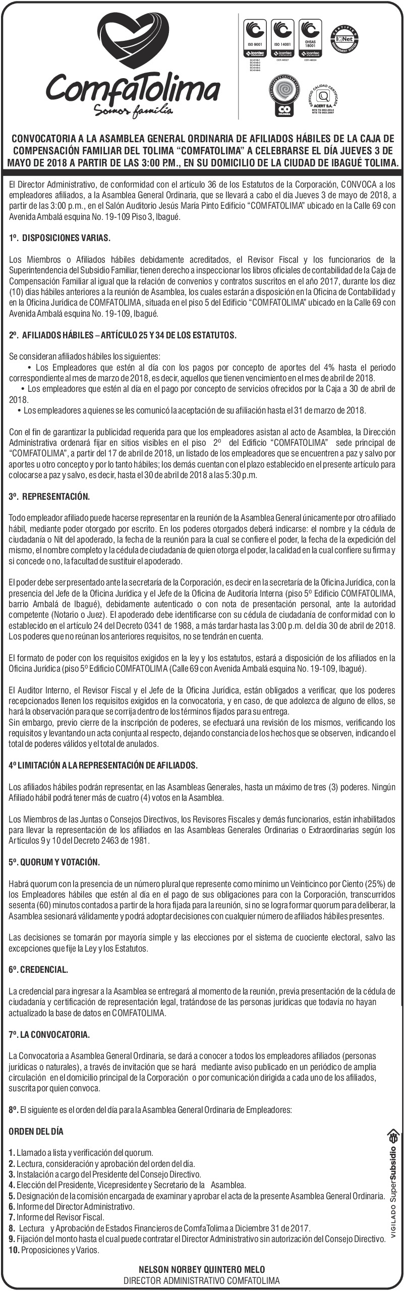 CONVOCATORIA ASAMBLEA ORDINARIACOMFATOLIMA 2018